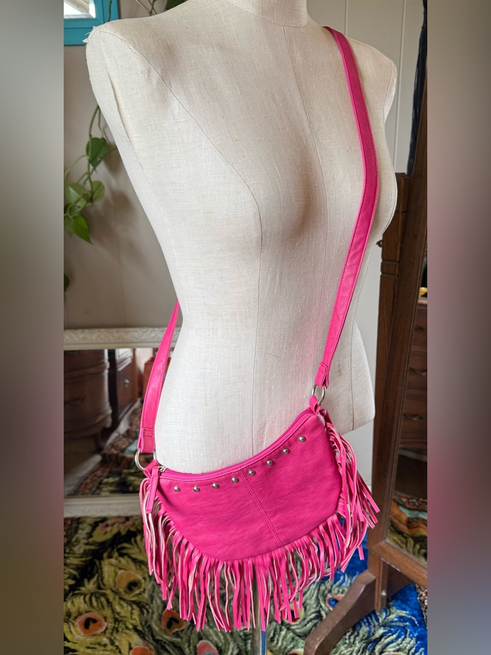 deb & dave Women's Fringe Crossbody Bag Hot Pink Faux Leather Studded